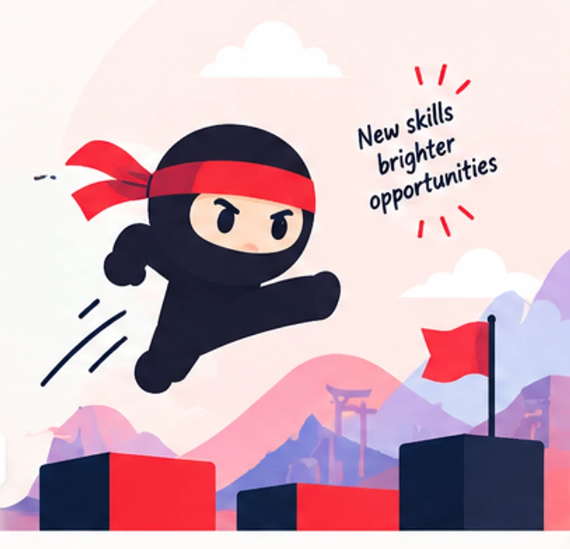 A SkillDojo ninja leaping between platforms towards a flag, with the words "New skills, brighter opportunities".
